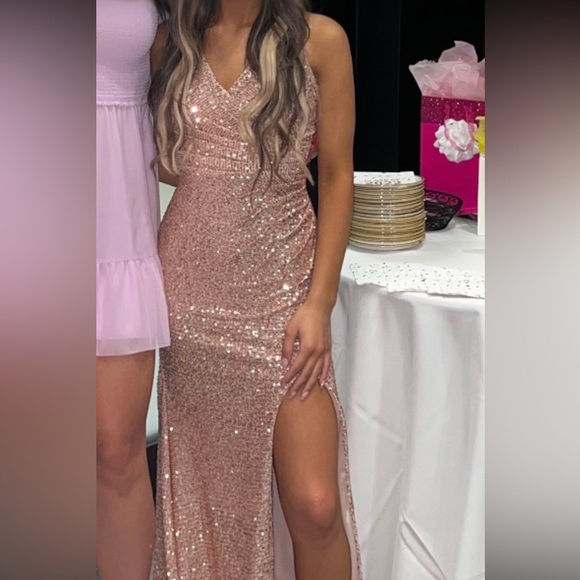 Elegant Rose Gold Sequin Prom Dress - Picture 2 of 3
